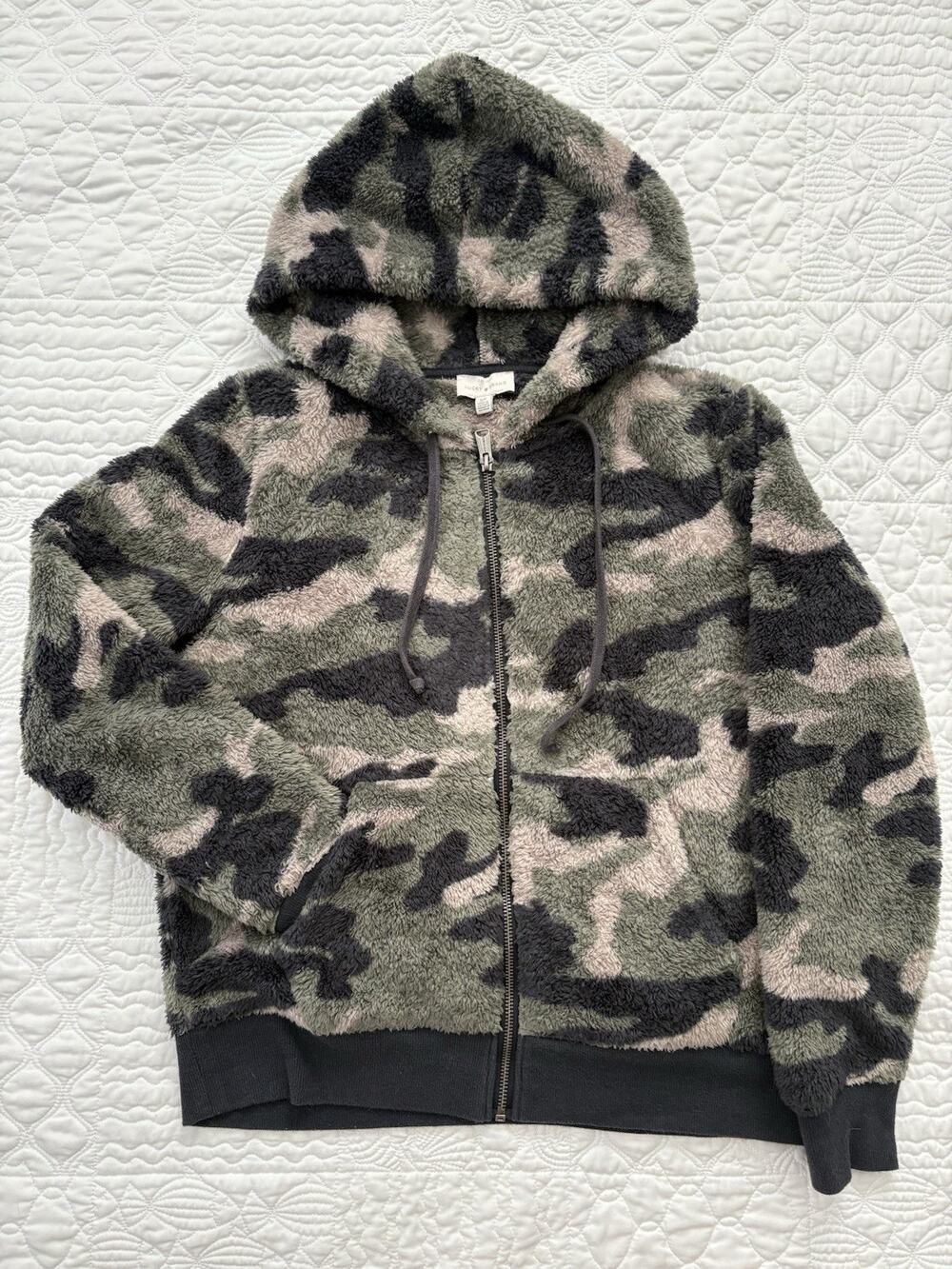 Lucky Brand Women’s Sherpa Fleece Hoodie Zip Jacket Size S/P Camo Plush Soft
